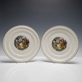 2pc The Hacker Pottery Plates, 22KT Gold Rim Courting Scene