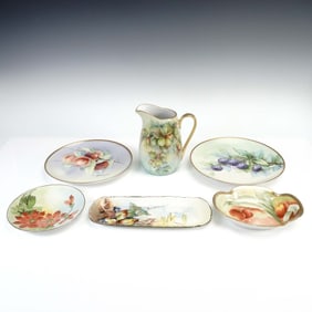 6pc Hand Painted Porcelain Plates + Pitcher with Fruit Motif & Gilt Accents