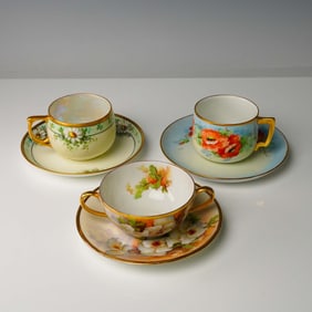 3 Pairs Hand-Painted Porcelain Cups and Saucers, Limoges & Austrian