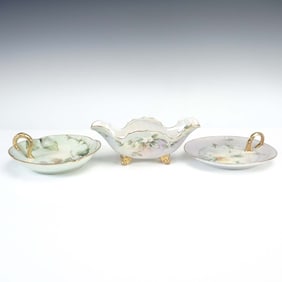 3pc Limoges and Bavaria Hand Painted Porcelain Bowls with Gilt Handles