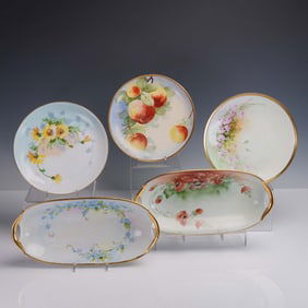 5pc Hand Painted Limoges Plates and Serving Dishes with Gilded Rims