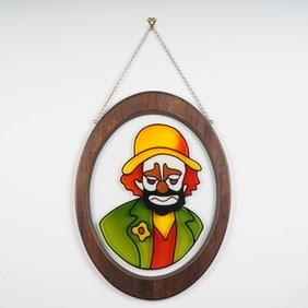 Stained Glass Clown Portrait in Wood Frame w/ Hanging Chain