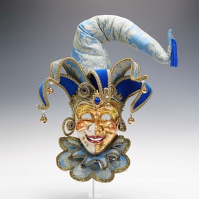 Venetian Style Jester Wall Mask, Blue and Gold