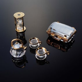 3pc Swarovski Crystal Figurines, Tea Set, Hourglass & Briefcase