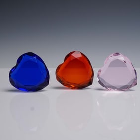 3pc Rosenthal Crystal Heart Paperweights with Boxes