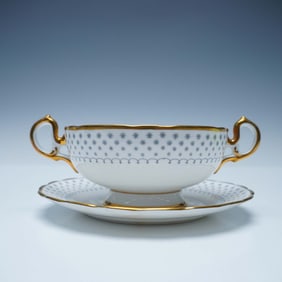 2pc Royal Chelsea English Bone China Gray & Gold Soup Cup and Saucer