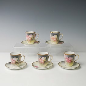 5 Pairs of Prussian China Cups & Saucers, Hand Painted Roses