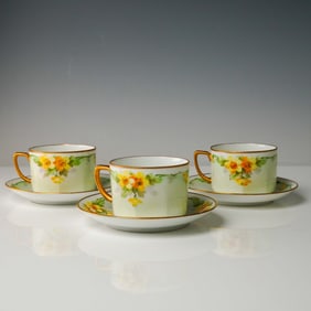 6pc Hand-Painted Yellow Floral Porcelain Cup & Saucer Trio, Austria