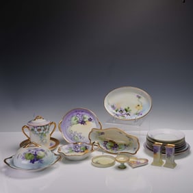19pc Mixed Porcelain Tableware Lot, Violet Motif