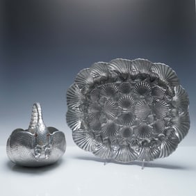 2pc Arthur Court Aluminum Serveware, Armadillo Basket and Shell Platter
