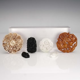 6pc Carved Jade and Stone Pendant Lot, Mixed Colors