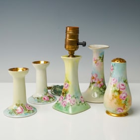 5pc Hand-Painted Porcelain Tableware, Including Lamp Base & Candle Holders