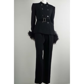 Valentino Miss V 3pc Black Wool Pantsuit w/ Feather Cuffs & Belt, Size 8