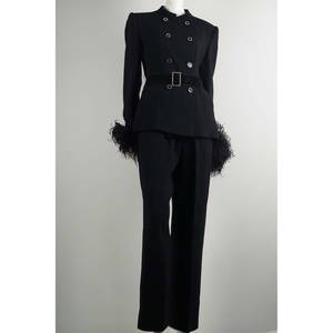 Valentino Miss V 3pc Black Wool Pantsuit w/ Feather Cuffs & Belt, Size 8