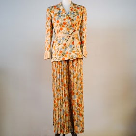Valentino Night Floral Silk Pleated Skirt Suit, Size 6