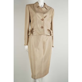 2pc Valentino Beige Silk Skirt Suit with Ruffle Detail