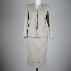 Valentino Boutique 2pc Grey Wool Skirt Suit with Cutout Trim, Size 8