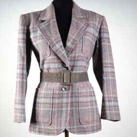 Yves Saint Laurent Rive Gauche Plaid Wool Jacket with Leather Belt