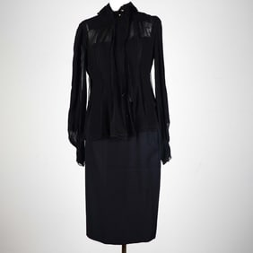 2pc Yves Saint Laurent Rive Gauche Sheer Black Blouse and Skirt Ensemble