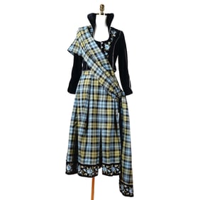 3pc Bill Gibb Black Velvet Embroidered Jacket, Plaid Skirt & Scarf, Size 12