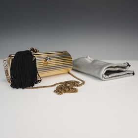 Gold and Silver Tone Ribbed Cylinder Evening Bag with Tassel