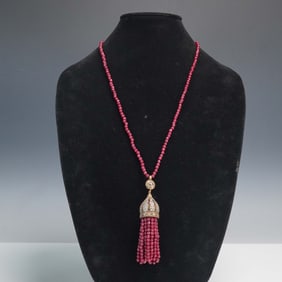 Red Beaded Necklace with Rhinestone-Topped Tassel Pendant