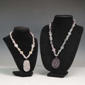 2pc Carved Stone Pendant Necklaces with Toggle Clasps