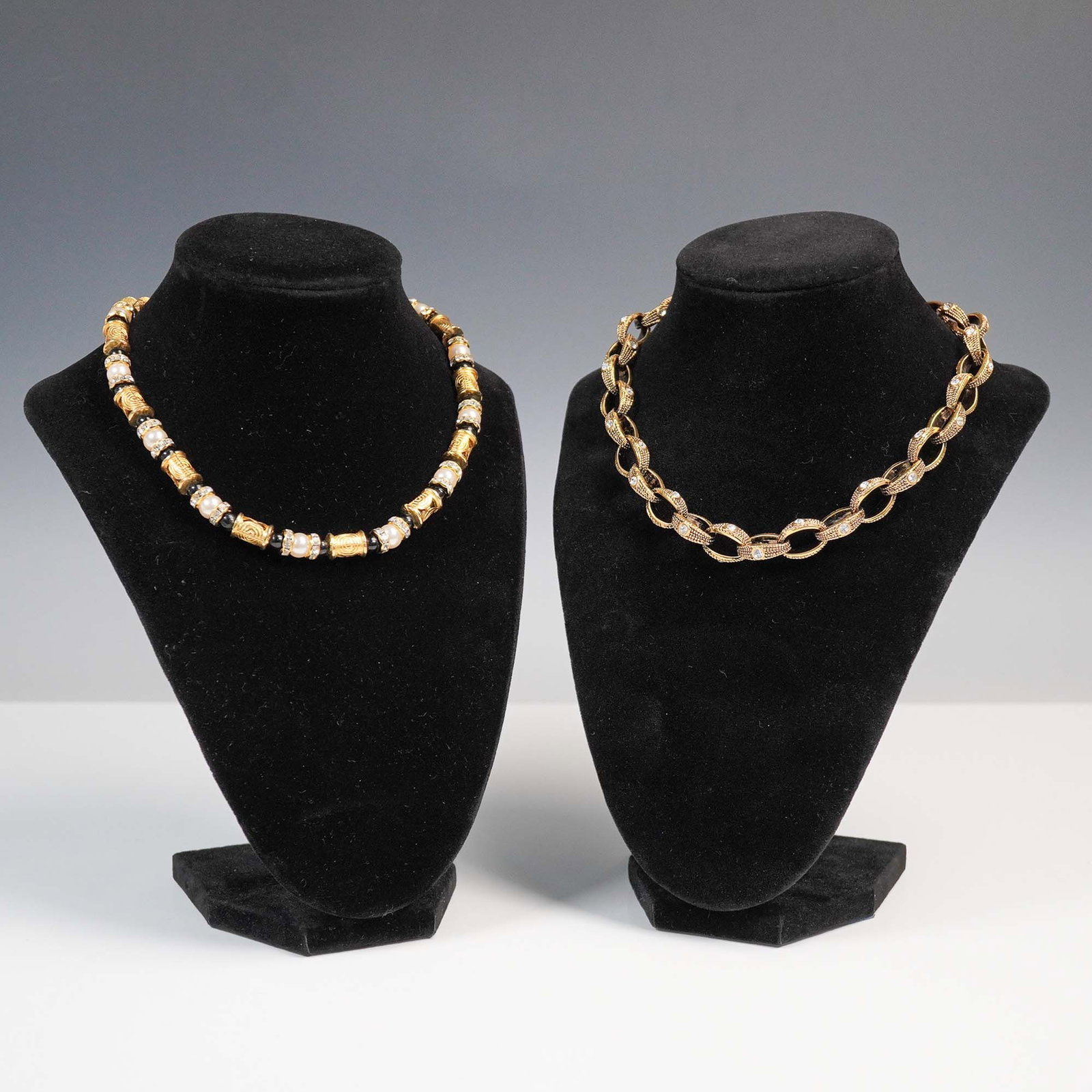 2pc Gold Tone Costume Necklaces with Faux Pearl and Rhinestone Accents (1 of 6)