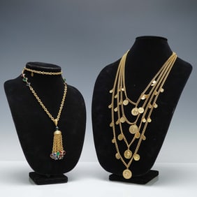 2pc Gold-Tone Coin and Tassel Pendant Costume Necklaces
