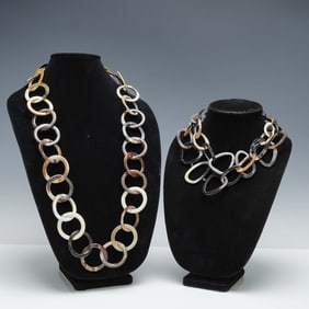 2pc Oversized Link Necklace Set, Mixed Natural Tones