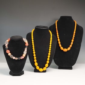3pc Mixed Bead Necklace Lot in Warm Tones