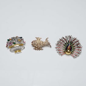 3pc Rhinestone Costume Brooch Set, Peacock, Fish, Basket