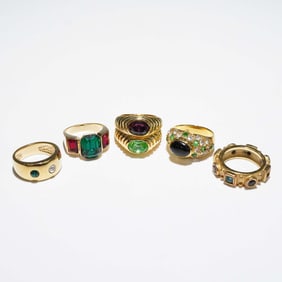 5pc Gold Tone Fashion Rings with Multicolor Gem Accents