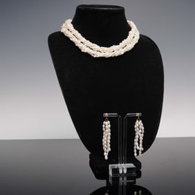 Rice Pearls Multi-Strand Necklace and 14K Gold Earrings Set