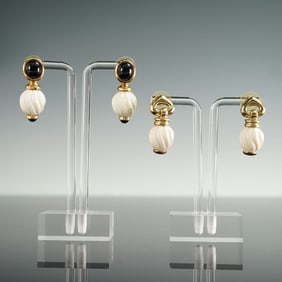 2 Pairs of Vintage Drop Earrings with Cream Swirl Beads