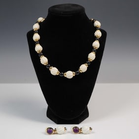 2pc Gold Tone Necklace and Earrings Set with White Beads
