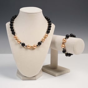 2pc Nathalie Bellini Black and Copper Tone Bead Jewelry Set