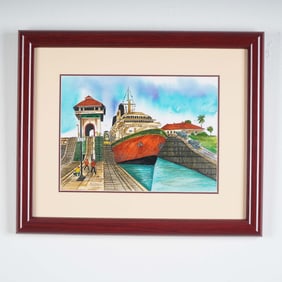 Ink and Watercolor Panama Canal Drawing Signed by Tolmos