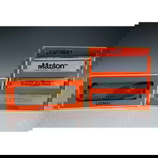 2pc Lionel Intermodal Container Set and Great Northern Hopper: This lot features a Lionel 6-12987 intermodal container 3-pack and a Lionel Great Northern 2-bay hopper car, model 6-16443. The container set includes three O gauge intermodal units marked Matson Inte