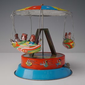 Vintage Mechanical Tin Carousel Toy with Push Lever and Box