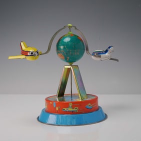 Vintage Wind-Up Tin Toy, Universal Globe Plane with Box
