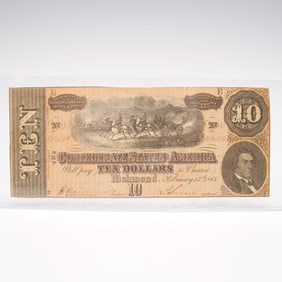 Antique Civil War Era 1864 Confederate States of America Ten Dollar Note
