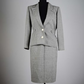 Valentino Boutique Gray Belted Skirt Suit with Pearl Buttons, Size 8