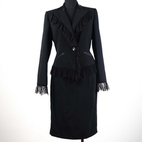 Valentino Vintage Black Wool Suit with Lace Trim, Size 8
