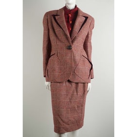 3pc Valentino Boutique Glen Plaid Wool Skirt Suit Ensemble, Size 10