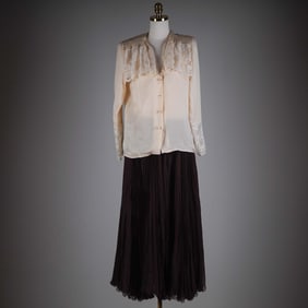 Valentino Night Ensemble with Lace Blouse and Pleated Skirt
