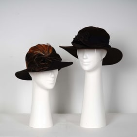 2pc Women's Brown Wool Hats with Trim and Feather - Size Small