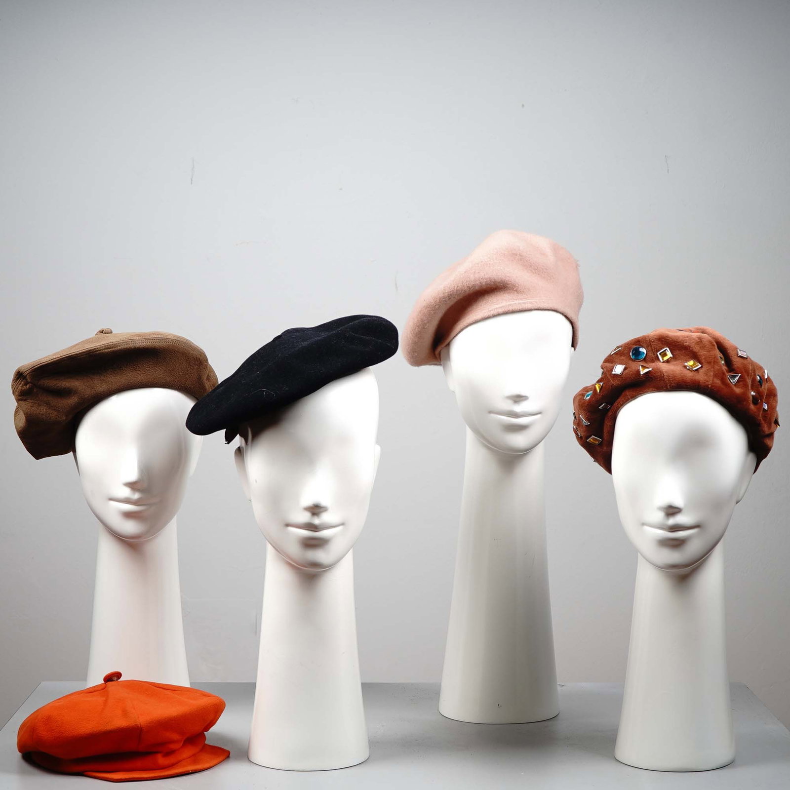 5pc Women's Berets by Baccarat, Foulard de Luxe, and More: Assortment of five stylish women's berets in classic and embellished designs. Includes: Baccarat brown beret with gathered crown and soft suede-like texture; Foulard de Luxe black wool beret marked Ve