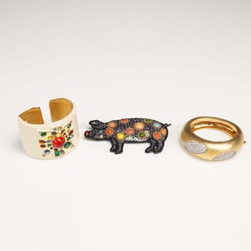 3pc Pig Pin and Costume Jewelry Bracelets, incl. Kenneth Lane