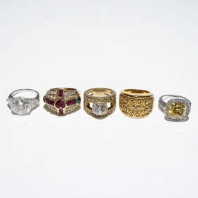 5pc Gold and Silver Tone Statement Rings with Gem Accents